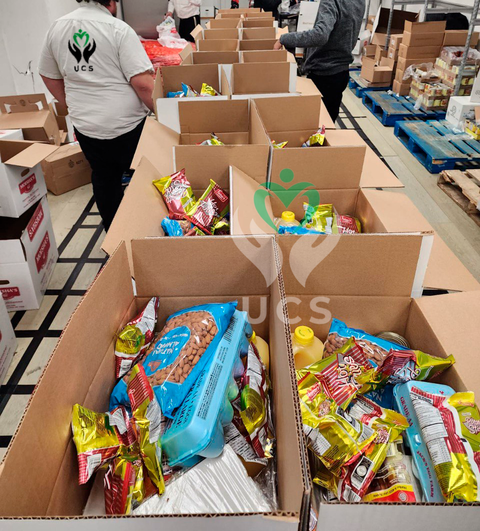 Volunteers preparing food boxes